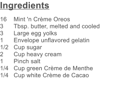 Ingredients 16	Mint 'n Crème Oreos 3	Tbsp. butter, melted and cooled 3	Large egg yolks 1	Envelope unflavored gelatin  1/2	Cup sugar 2 	Cup heavy cream 1 	Pinch salt 1/4 	Cup green Crème de Menthe 1/4	Cup white Crème de Cacao